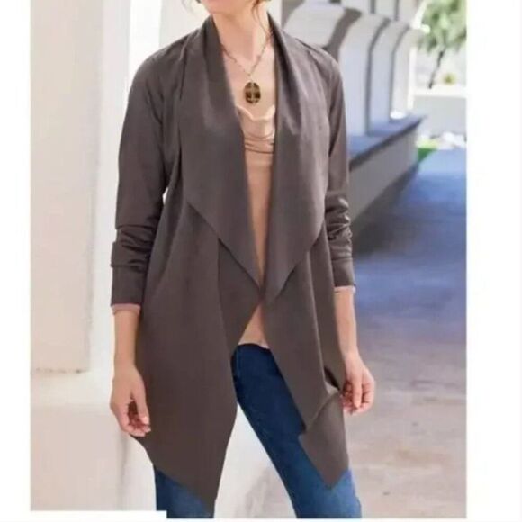 Soft Surroundings Faux Suede Jacket Open Front Brown Laser Cut Sz M Boho Western - Picture 2 of 10